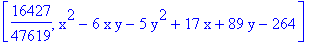 [16427/47619, x^2-6*x*y-5*y^2+17*x+89*y-264]